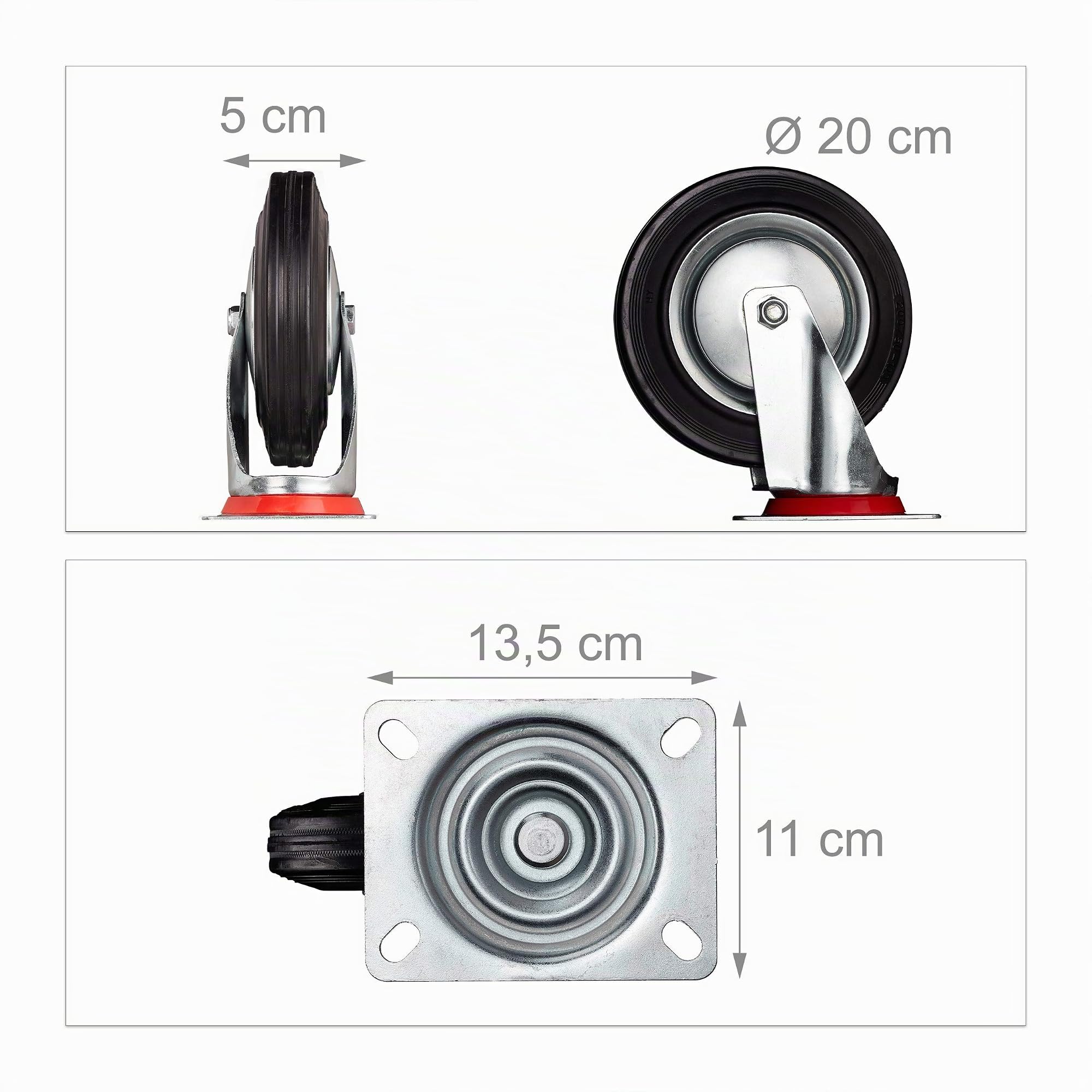 Relaxdays Roues Charge Lourde Jeu de 4, pivotent à 360°, roulement à Billes, 2 Freins, capacité 800 kg, 200 mm, Noires
