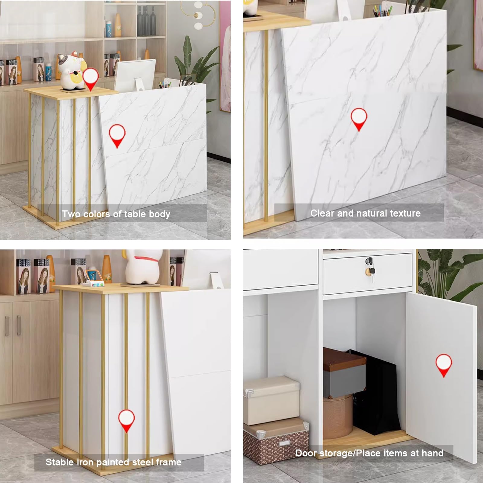 QWEASDF Banco di Reception e Vendita ，Banconi per Sala d'attesa，Piccolo Banco Cassa ，Bancone Reception Moderno，Bancone Cassa Piccolo e Moderno ，Telaio in Acciaio di Ferro(Gray Flower,L39.3in)