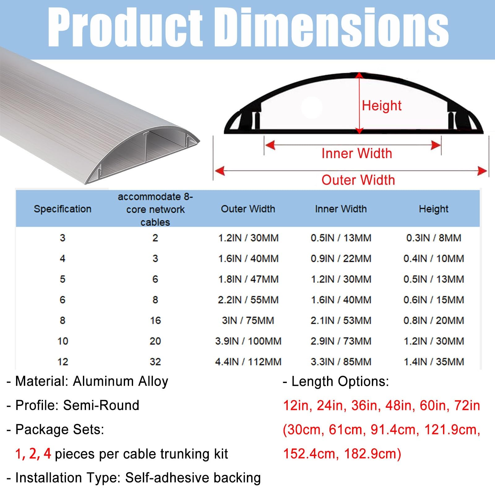 Generisch Verdickter Kabelkanal zur Wandmontage – 1/2/4er-Packung, Aluminiumlegierung, halbrunde Kabelabdeckung, 9,9 cm B x 152,4 cm L, für eine ordentliche und übersichtliche Kabelführung