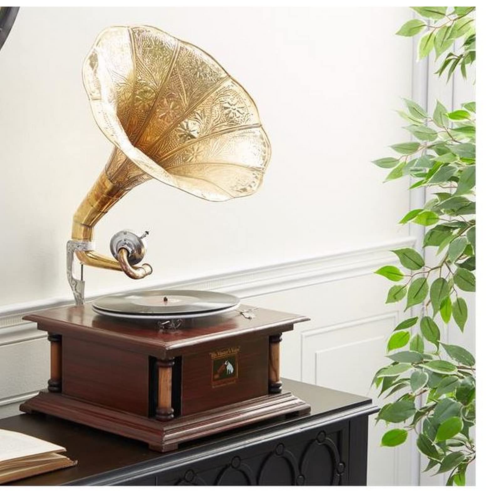 ecWorld Enterprises 7731363 Antik Replica Dunkles Holz Phonograph Grammophone mit großer Gravur Messinghorn