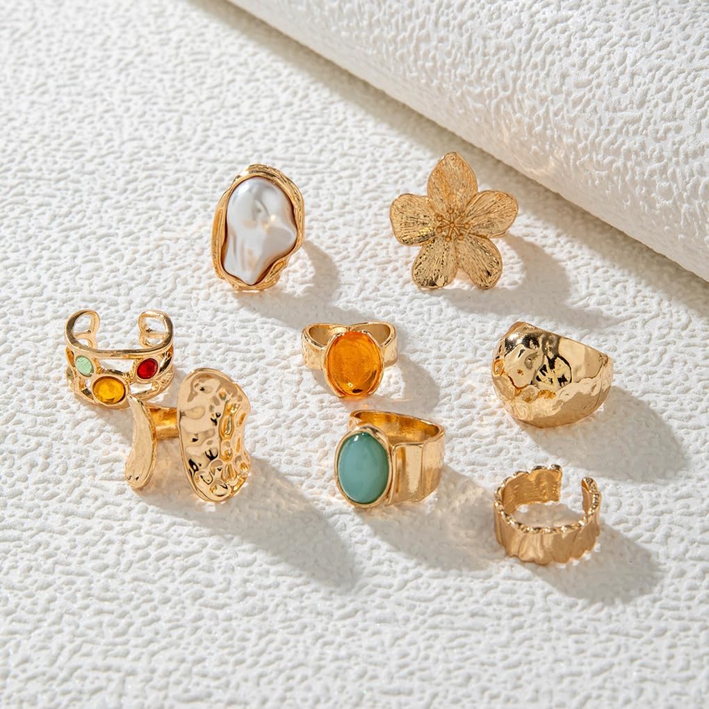 Chunky Gold Stackable Statement Rings Set for Women Crystal Flower Pearl Open Finger Rings Trendy Party Prom Birthday Stacking Jewelry - Image 5