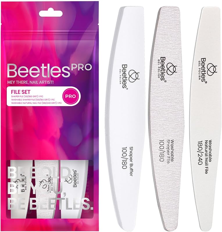 Lima de uñas y pulidor Beetles, herramienta de doble cara de grano 100/180/240, 3 piezas | Limas y pulidores de uñas de grano múltiple para dar forma a manicuras, uñas de gel, uñas acrílicas y cuidado de uñas naturales.