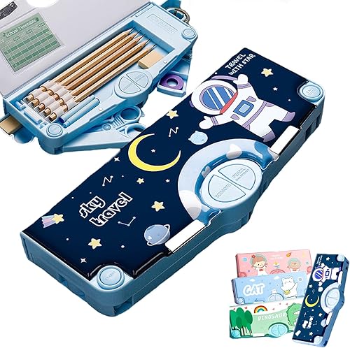StefIk Estuche desplegable multifunción Kawaii con dibujos animados con regla de tijeras y sacapuntas (azul astronauta)