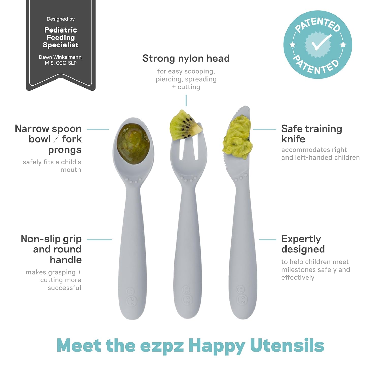 ezpz Preschool Feeding Set 24m+ (Pewter) Happy Mat + Happy Utensils + Happy Cup + Straw training system Toddler Essentials