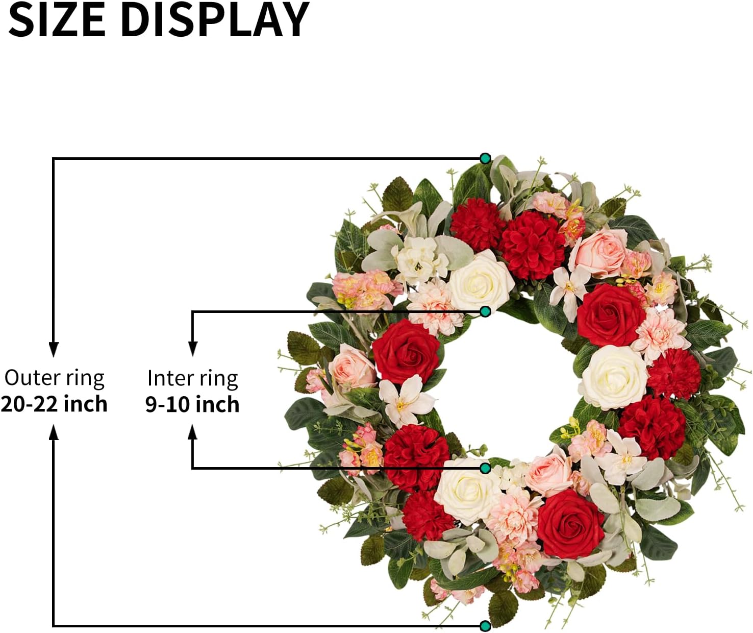 22 Inch Rose Hydrangea Wreath for Front Door, Spring Summer Floral with Red White Pink Roses, Dahlias, Lamb's Ear and Eucalyptus on Grapevine Base for Indoor Outdoor Porch Wedding Decor