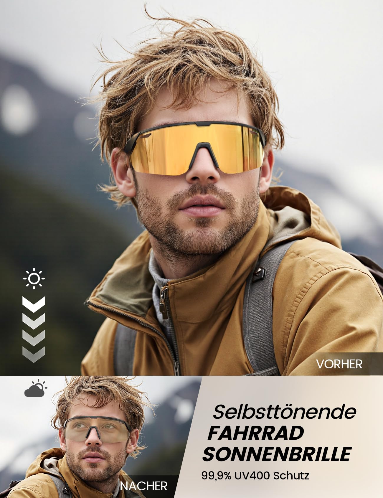 Lamicall Fahrradbrille Herren, Schnelle Brille Damen - [3S Selbsttönend] [28g TR-90 Ultraleicht] Sonnenbrille Fahrrad mit Verstellbare Nasenpad & Bügel, UV400 Laufbrille Sportbrille für Fahrrad/Laufen