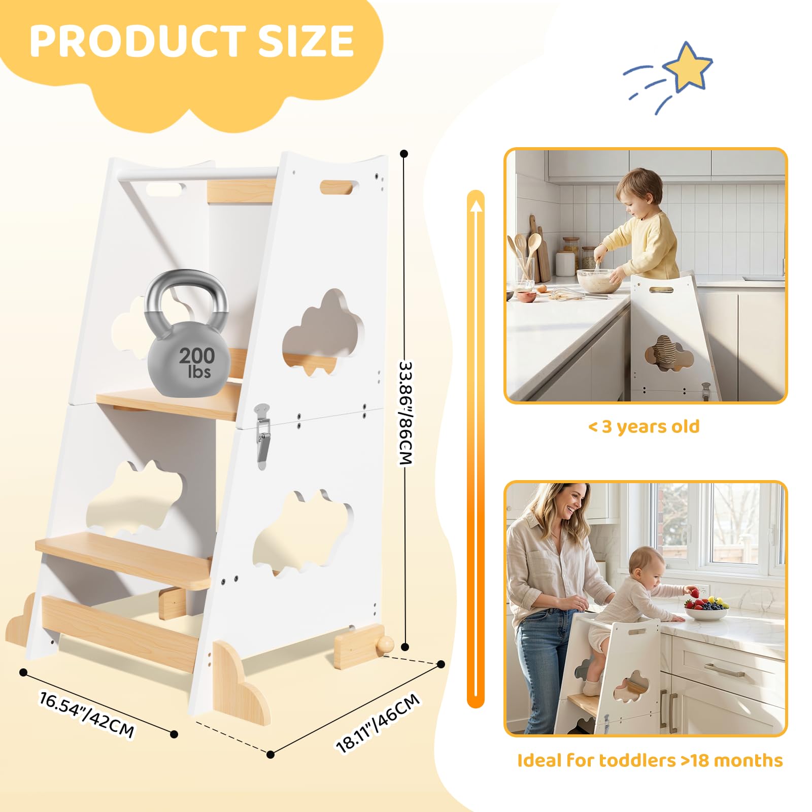 KIDINIX Learning Tower, 3 in 1, Torre di apprendimento Montessori, a partire da 1 anno, con ringhiera di sicurezza e lavagna, pieghevole, per bambini, con funzione tavolo, per cucina, bagno, natura e