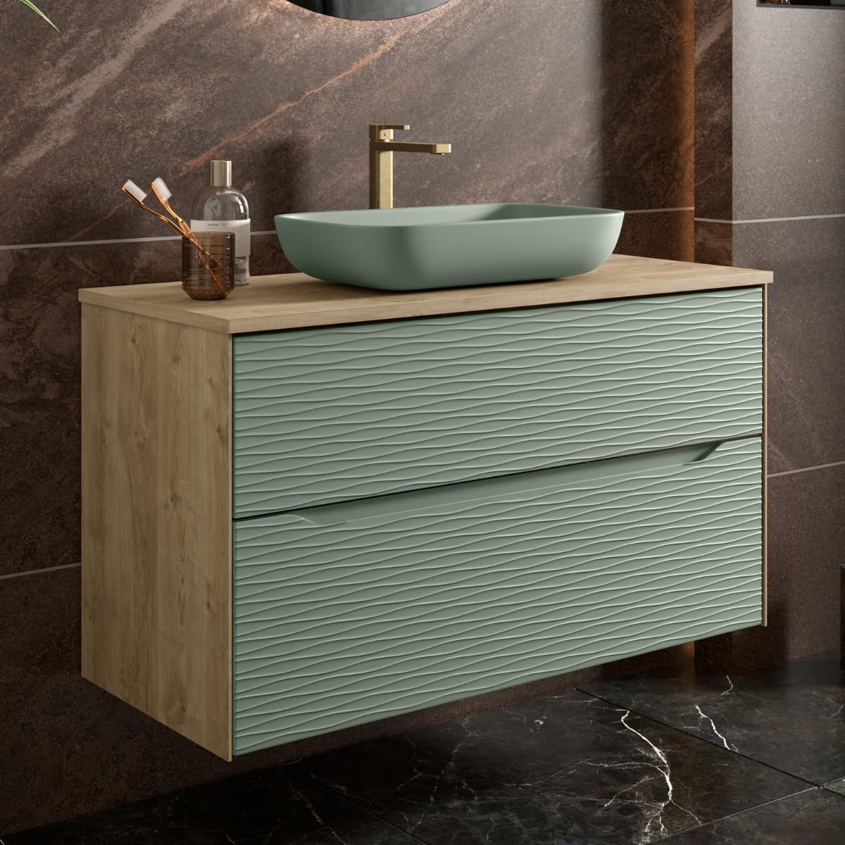 Mueble de Baño Suspendido con Tapa y Lavabo de Sobreponer Sahara | Mueble Baño Volado de 2 cajones con Uñero Cierre Amortiguado Organizador y Lavabo sobre Encimera | Roble Natural - Leaf 80cm