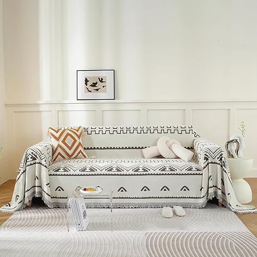 EAVD Funda de sofá blanca café seccional en forma de L, funda bohemia para sofá de 2 cojines, funda protectora contra perros, gatos, patrón disponible en Yaxa Colombia