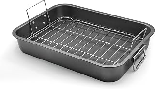 CULINARIN Large Non-Stick Roasting Pan with Rack 12x16 Inch - Dishwasher Safe Turkey Roaster with Foldable Handles Oven Safe 450F