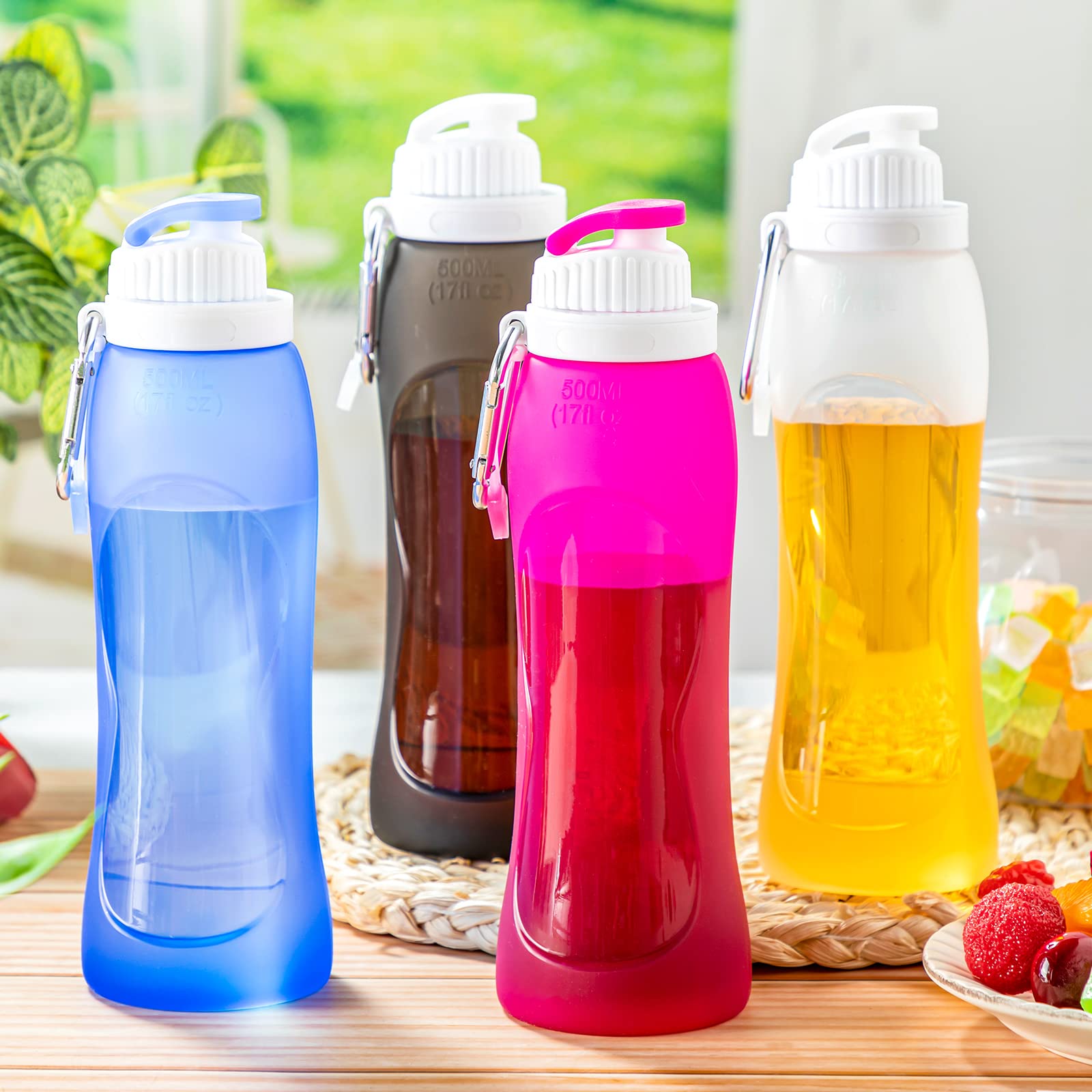 4 botellas de agua plegables de 17 onzas, 500 ml, botella plegable enrollable, de silicona, a prueba de fugas, para deportes, viajes, equitación, camping, senderismo, mochila