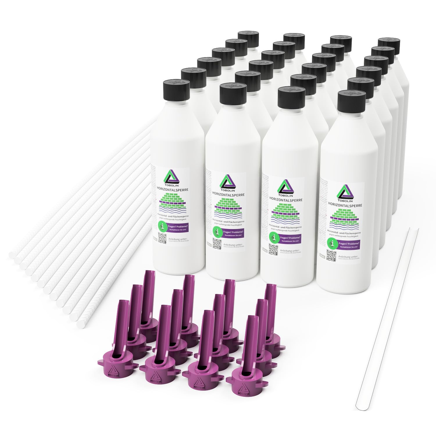 TOBOSTICK Set 24er (TOBOLIN Horizontalsperre für Mauern mit Hohlräumen) – TOBOLIN Flaschen + Schraubwinkel + TOBOSTICK