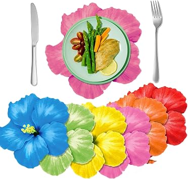 Flower Shaped Paper Placemats, 30pcs Hibiscus Flowers Placemats with 13x13 inches, Disposable Floral Charger Place Mats for Bridal Baby Shower Home Dinner Party Decorations Supplies