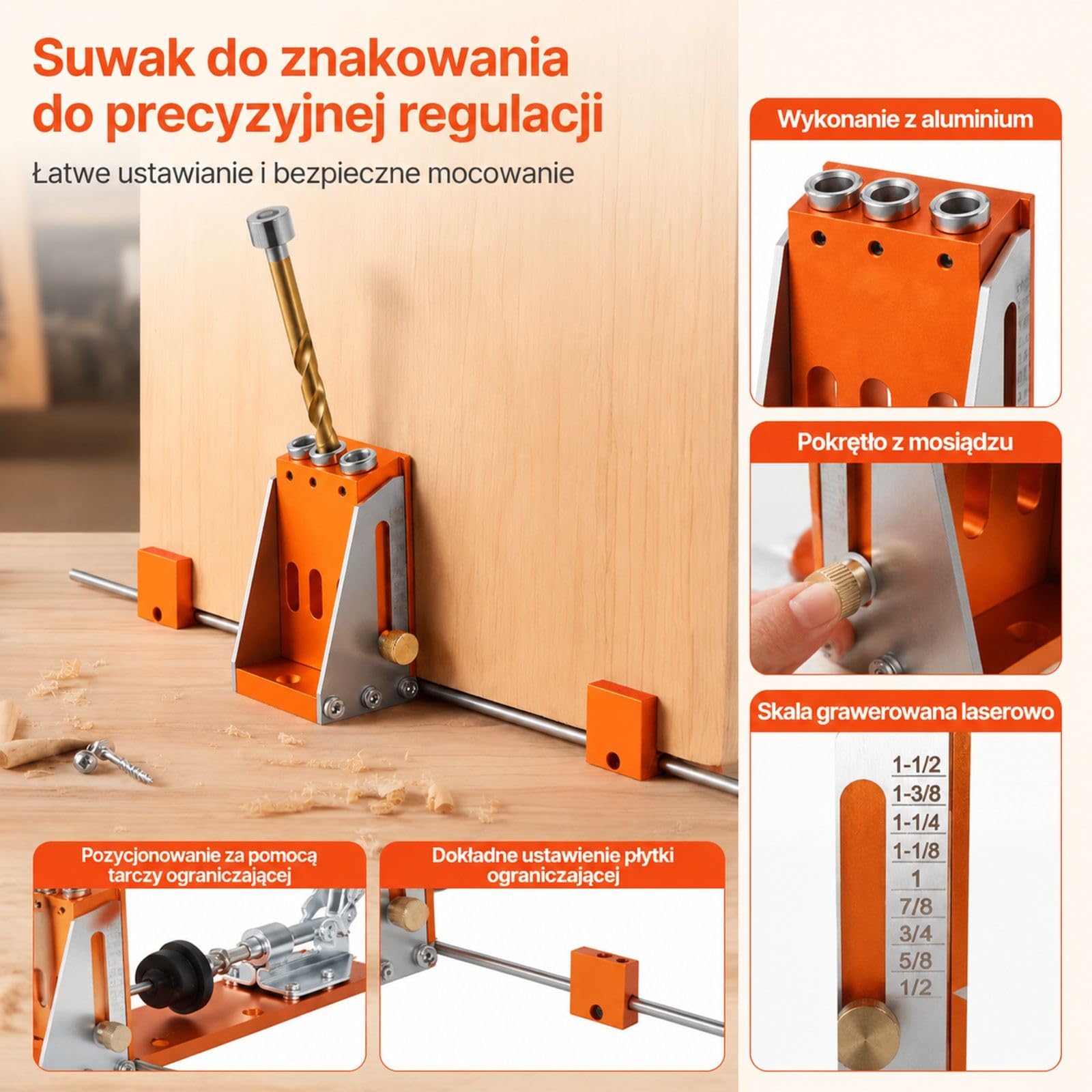 Zestaw do otworów kieszeniowych z walizką narzędziową, zaciskiem C, wiertłem stopniowym, kluczem imbusowym, pierścieniem ograniczającym, bitem kwadratowym, metalową ramą do obróbki drewna