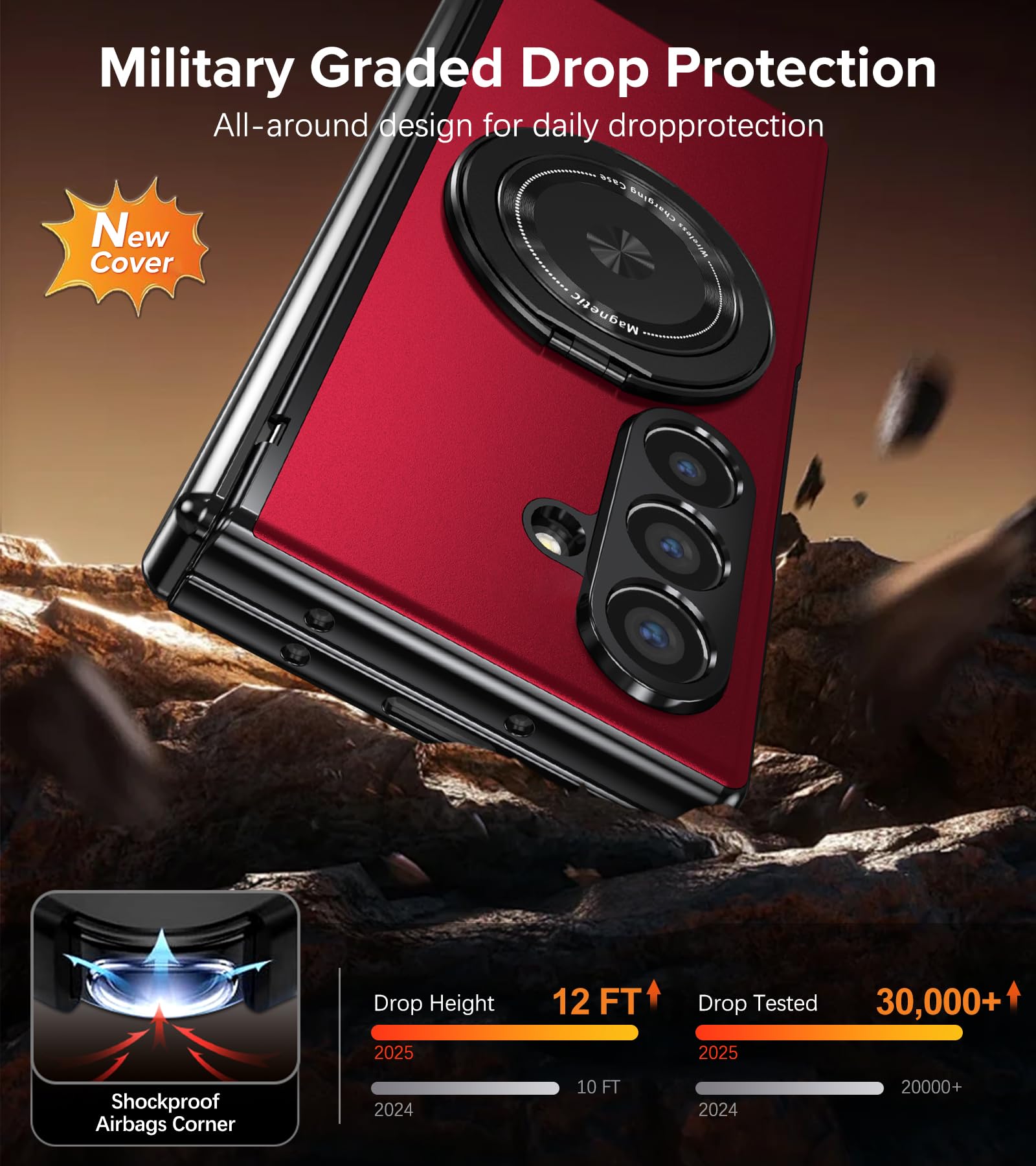 Fiyer Custodia per Samsung Galaxy Z Fold 7 con pellicola protettiva, protezione per cerniera per Z Fold 7, con supporto ad anello girevole a 360°, custodia protettiva rigida in policarbonato antiurto