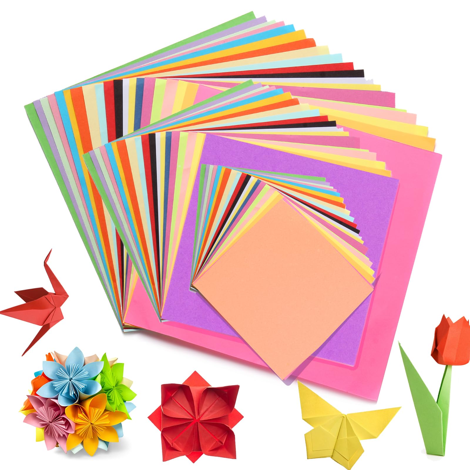 300 hojas de Papel Origami 20 Colores, Folios de Colores 20 x 20 cm, 15 x 15 cm, 10 x 10 cm, 70g/m² Cartulinas Colores, Papel Plegable Cuadrado de Doble Cara, Adecuado para Manualidades