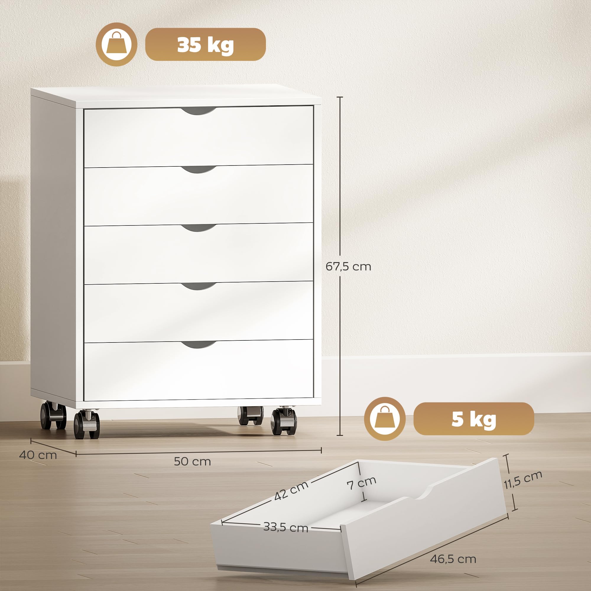 HOMCOM Caisson Bureau Mobile avec 5 Tiroirs A3/Lettre/A4 50x40x67,5cm Blanc | Meuble Rangement Bureau sur Roulettes, pour Imprimante, Caisson de Rangement pour Travail ou Chambre