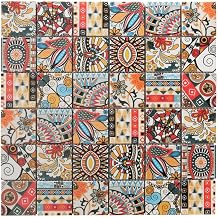 Tenedos 2x2 Square Marble Mosaic Tile Painted with Injected Colorful Maiolica Mexican Style 1 Pack Mesh-Backed for Wall, Floor, Backsplash, Bathroom & Fireplace