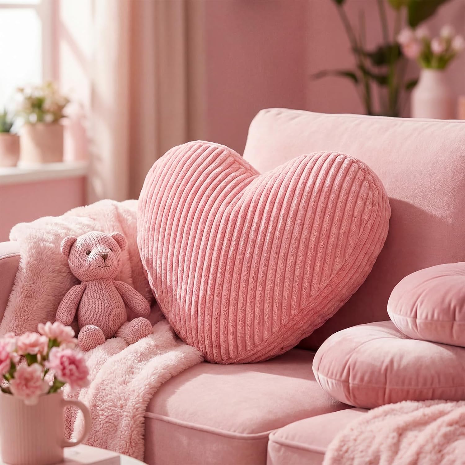 Sliner Pink Heart Pillow 13.7'' Heart Shaped Corduroy Decorative Throw Pillows Cute Soft Pink Cushion for Girls Women Room Bed Sofa Couch Aesthetic Home Decor Gift