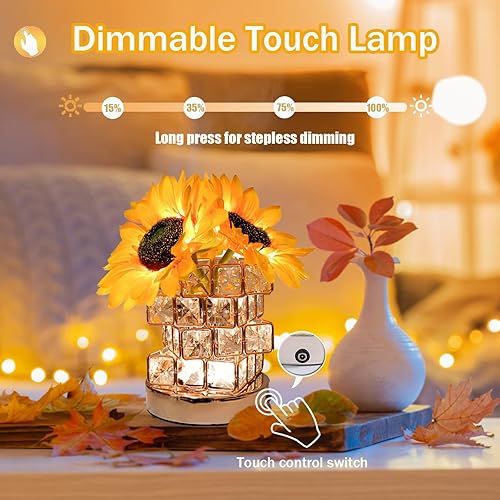 Miniatura 2 de Lámpara de mesa de girasol, lámpara LED de flores artificiales regulable, lámpara táctil con jarrón de cristal en cubo, lámparas inalámbricas