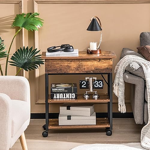 Miniatura 8 de POWERSTONE Mesa auxiliar elevable con estación de carga y ruedas, mesa auxiliar estrecha con puertos USB y tomas de corriente, mesita de noche