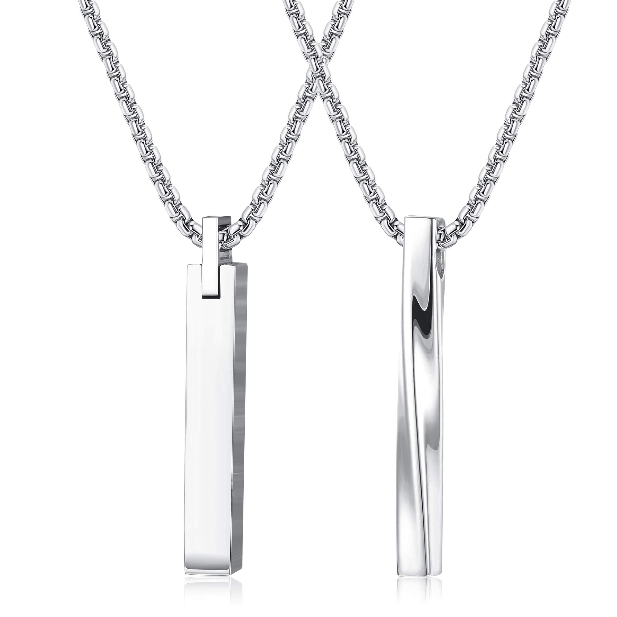 2pcs Silver-Tone Stainless Steel Bar Pendant Necklace for Mens Women Cool Unisex Twisted Cube Bar Pendant Vertical Cuboid Stick Pendant Chain Necklace Set-image-8