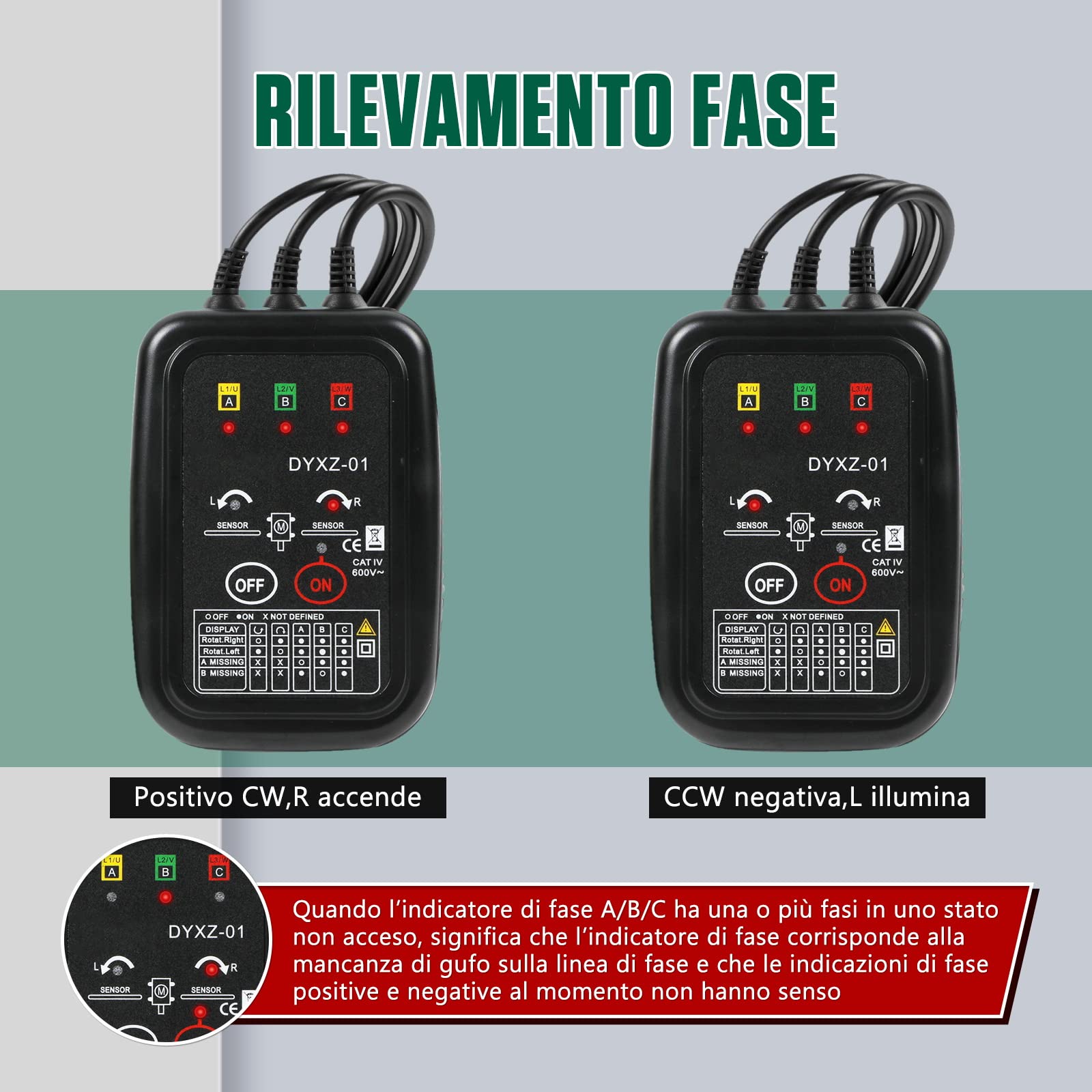 KAISAL Senso Ciclico Fasi Tester Cercafase Senza Contatto Rotazione Fasi di Fase AC 70V~600V, Rilevamento Sequenza Fasi, Rilevamento Mancanza Fase, Rilevamento Rotazione Motore