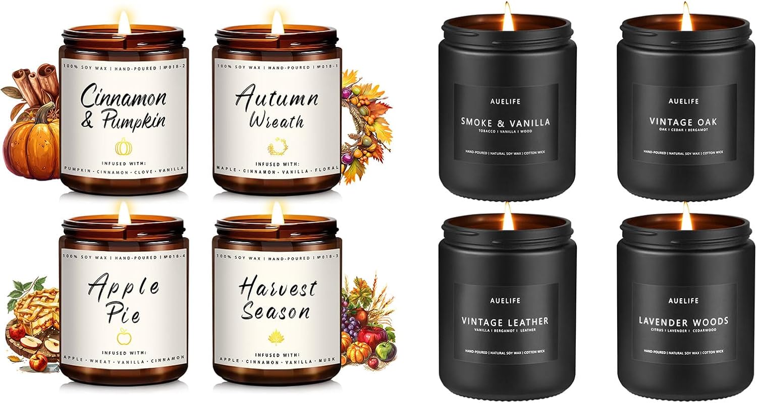 Fall Candle Set + Men Candle Set, 4pack Scented Candles for Home, Soy Candles, Gifts for Women & Men