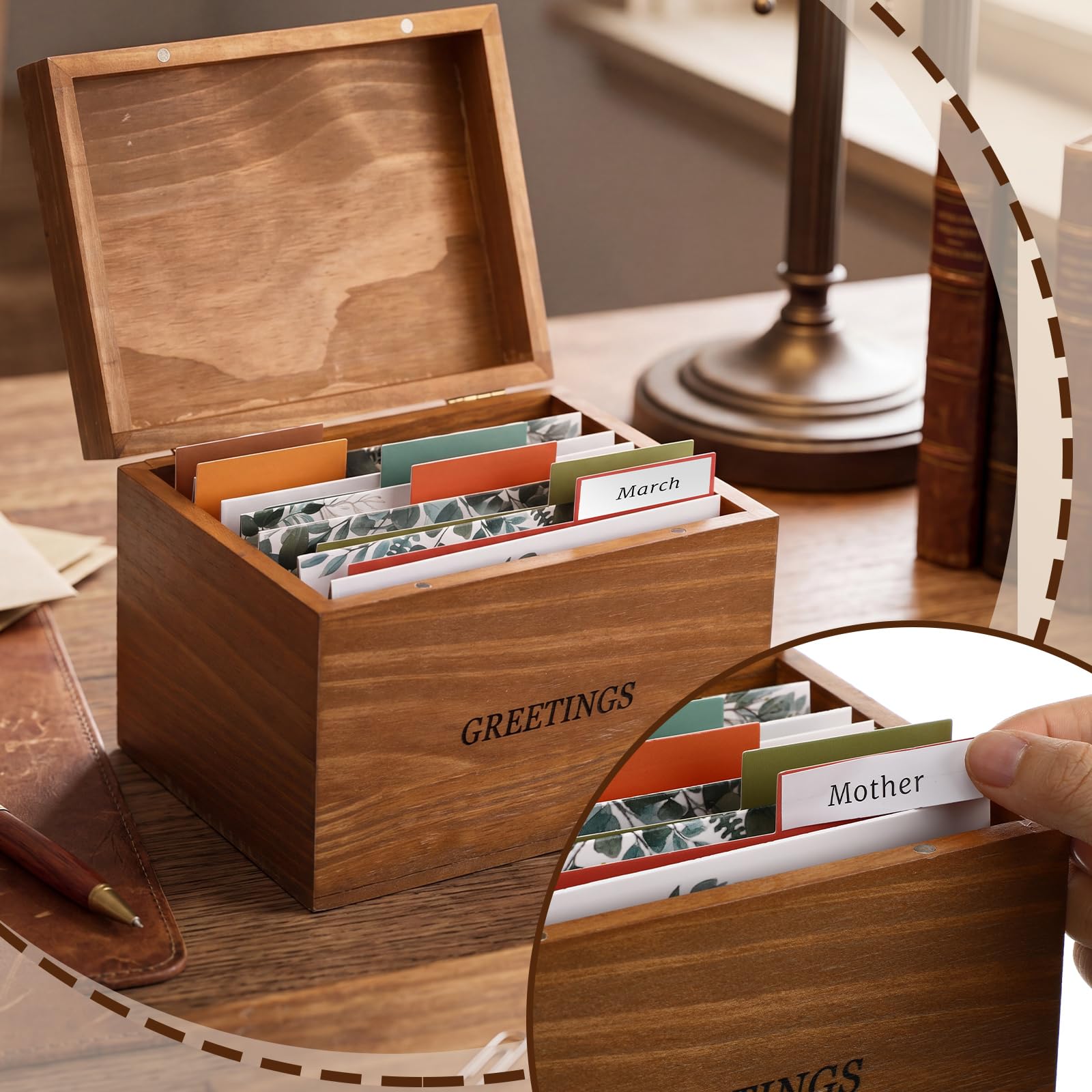 Novabright Grande scatola organizer in legno per biglietti di auguri, 17 x 13 cm, con 12 divisori, 6 biglietti di auguri, ricette, per cartoline, negozi di compleanno, fino a 300 ricette