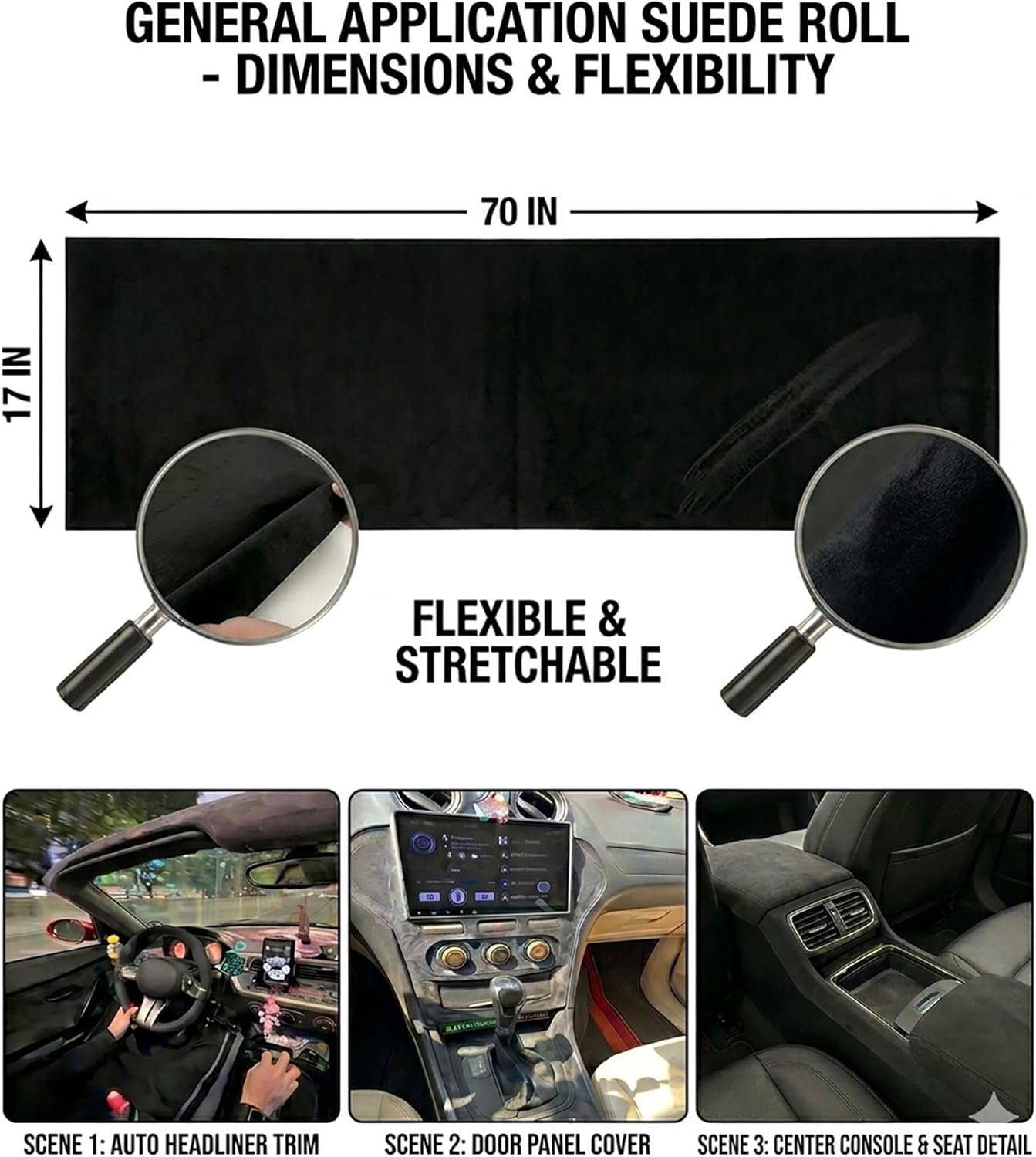 Hiksuky Premium Microfiber Suede Wrap 40"×59" (2,360 sq in) — Oversized Self-Adhesive Faux Suede for Full Car Interior, Dashboard, Pillars & Console | Single-Sheet Coverage | Black black 40x59 Inch