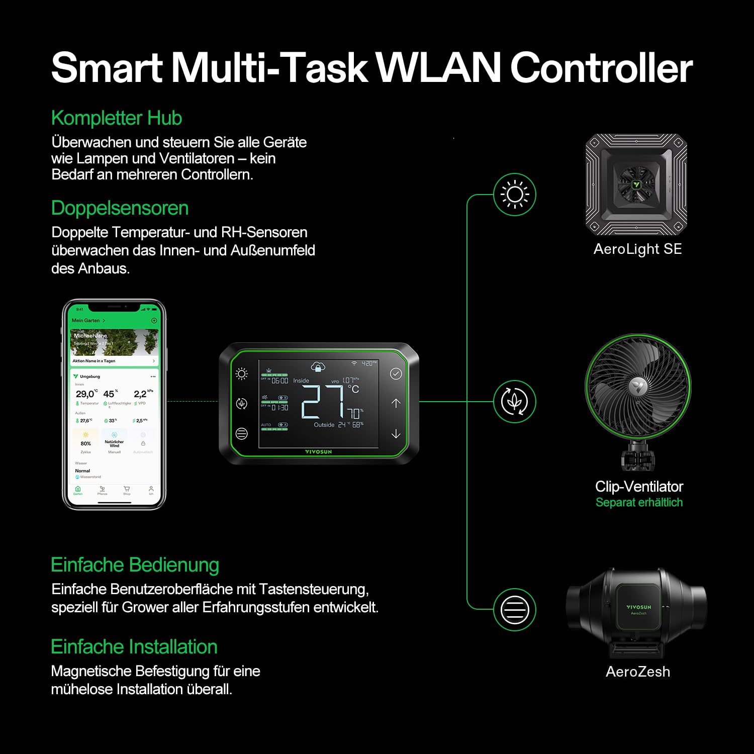 VIVOSUN Smart Growzelt Komplettset 80x80x160cm LED Lampe 150W Vollspektrum Ventilation Zirkulation GrowHub E42A Controller WLAN