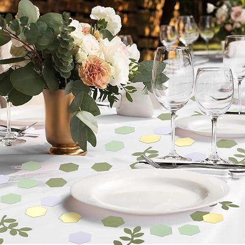 Miniatura 5 de Crtiin 500 piezas de confeti de eucalipto dorado verde para baby shower, confeti hexágono, dispersión bohemia, decoración de mesa para boda, fiesta
