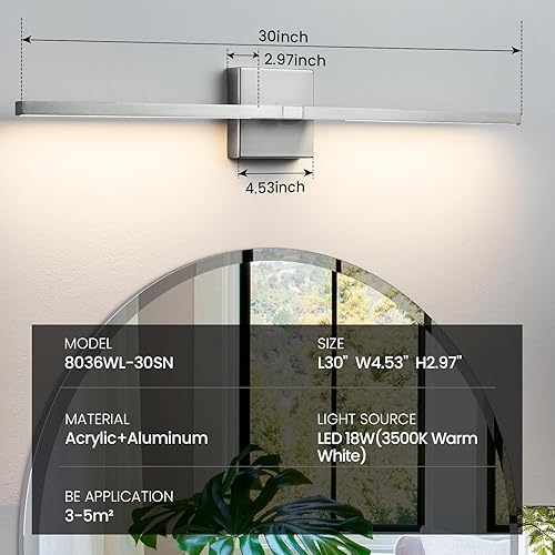 Miniatura 13 de Lámparas de tocador de baño doradas, 30 pulgadas, giratorias, modernas, LED, para baño, con iluminación blanca cálida de 3500 K, aplique de pared