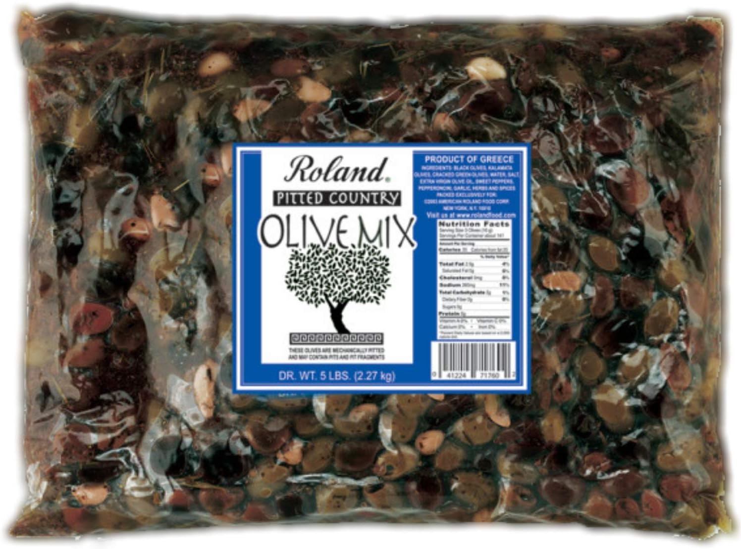 Roland Foods Greek Country Olive Mix, Whole Pitted Olives Marinated with Garlic and Pepperoncini Peppers, Specialty Imported Food, 5 Pound Bag, Pack of 1