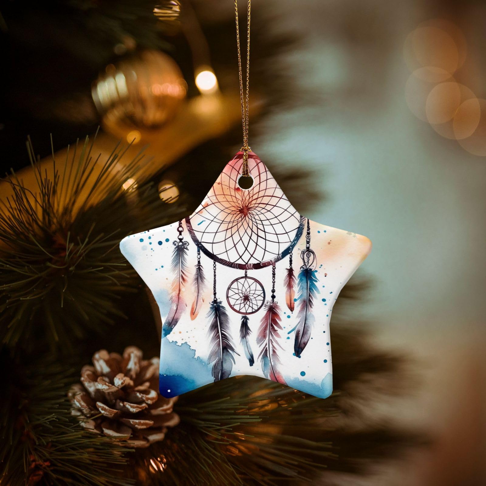Christmas Tree Ornaments Ceramics Christmas Decorations Watercolor Dream Catcher Ornaments with Gold Ribbon Porcelain Xmas Tree Crafts Star Shape Hanging Pendant for Christmas Tree Party Decor
