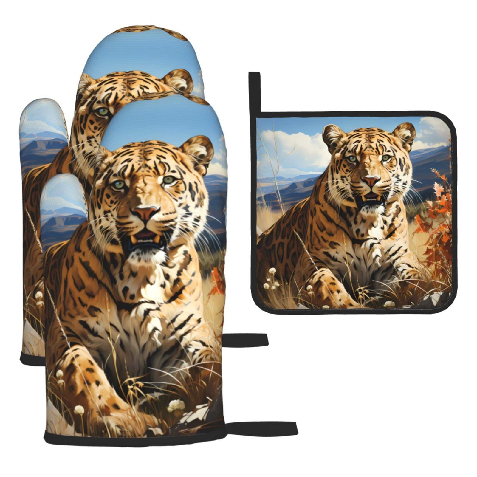 Leopard in search of prey Oven mittens and oven mitts three-piece set suitable for oven, grilling, baking, microwave and home cooking.