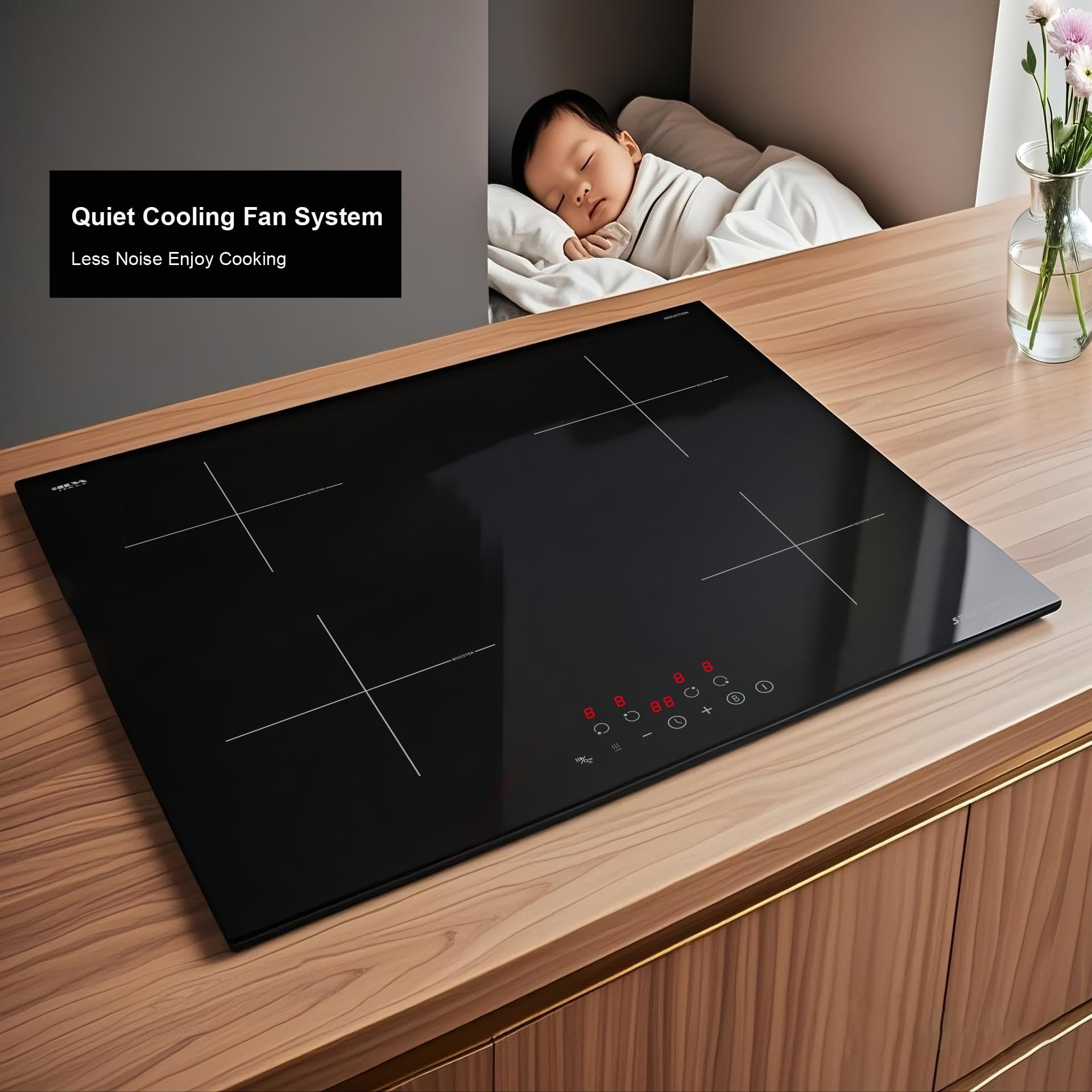 STARCHARTS Plug in Electric Induction Hob with Italian ILVA Glass, 13amp Plug and Play, Built in 4 Zone Plug in Cooktops 3000W, Boost, Pause, Keep Warm, Child Lock, Matte Black, Fine Deco Style — view 5