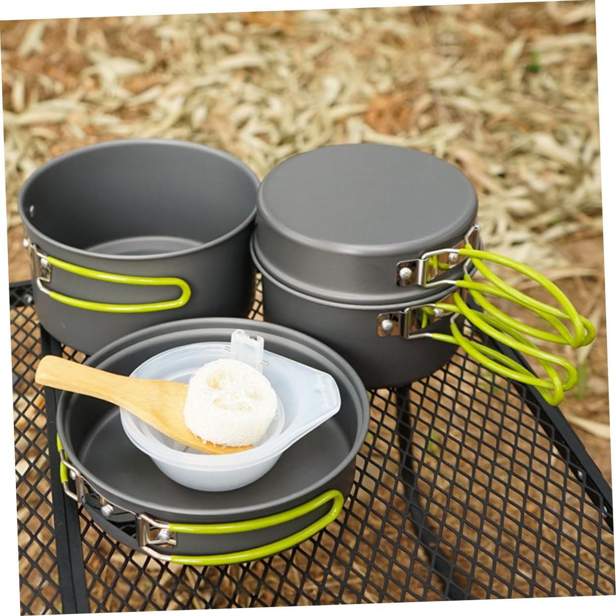KICHOUSE 1set Nonstick Outdoor Cookware Kit Portable Camping Cooking Pan for Hiking Picnics Fishing Includes Frying Pans Bowls Soup Spoon Spatula