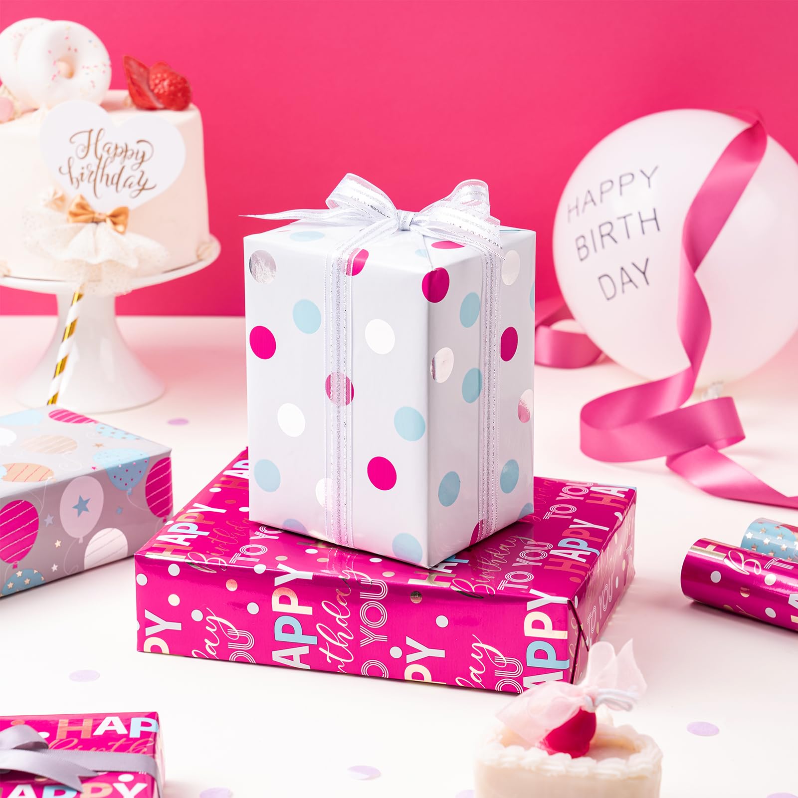LeZakaa Reversible Birthday Wrapping Paper Roll - Happy Birthday Lettering In Black