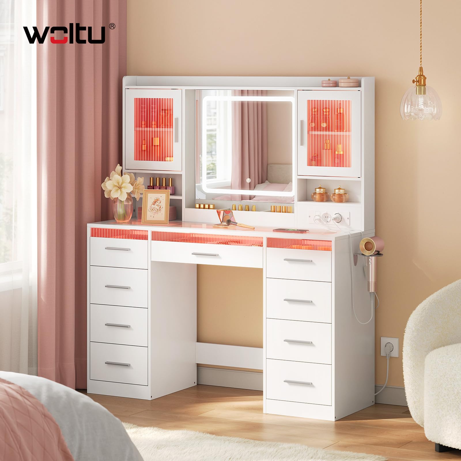 WOLTU Coiffeuse avec Miroir LED Réglable et Éclairage RGB, Grande Coiffeuse avec Plateau en Verre, 9 Tiroirs, Prise de Courant, 2 Placards avec Portes, Table de Maquillage Moderne pour Chambre, Blanc