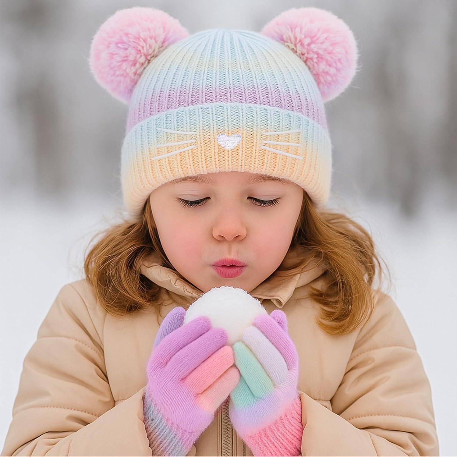 Kids Winter Knit Hat Cat Embroidery Beanie Hat Gloves Set with Double Pompom for Girls 3-14 Years - Image 2