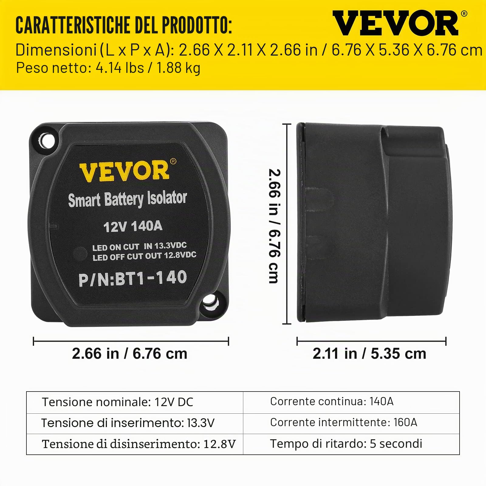 VEVOR Kit Relè Sensibile alla Tensione 12 V 140 A Kit Isolatore Doppia Batteria, Relè Batteria Carica Diviso Universale Impermeabile con Cavo Batteria da 4 m per MTB UTV Camion Campeggio
