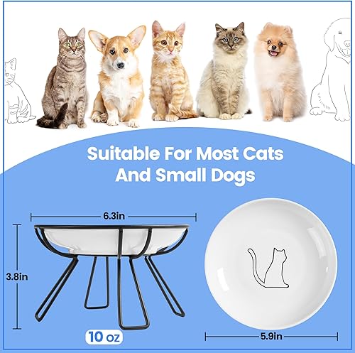 Miniatura 3 de Cuencos elevados de cerámica para gatos, aptos para bigotes, antivómitos, elegante e higiénico para gatos (gato de línea, paquete de 2)
