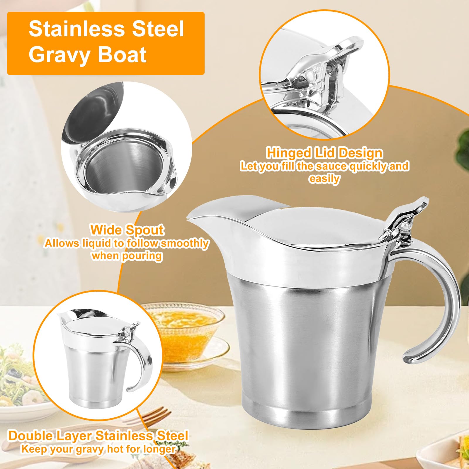 750Ml Salsera de Acero Inoxidable de Doble Pared,Recipiente Aislado para Salsas con Tapa,Calentador de Salsas,Mantiene la Comida Caliente o Fría,Salseras para Salsa,Natillas o Crema, Salsa
