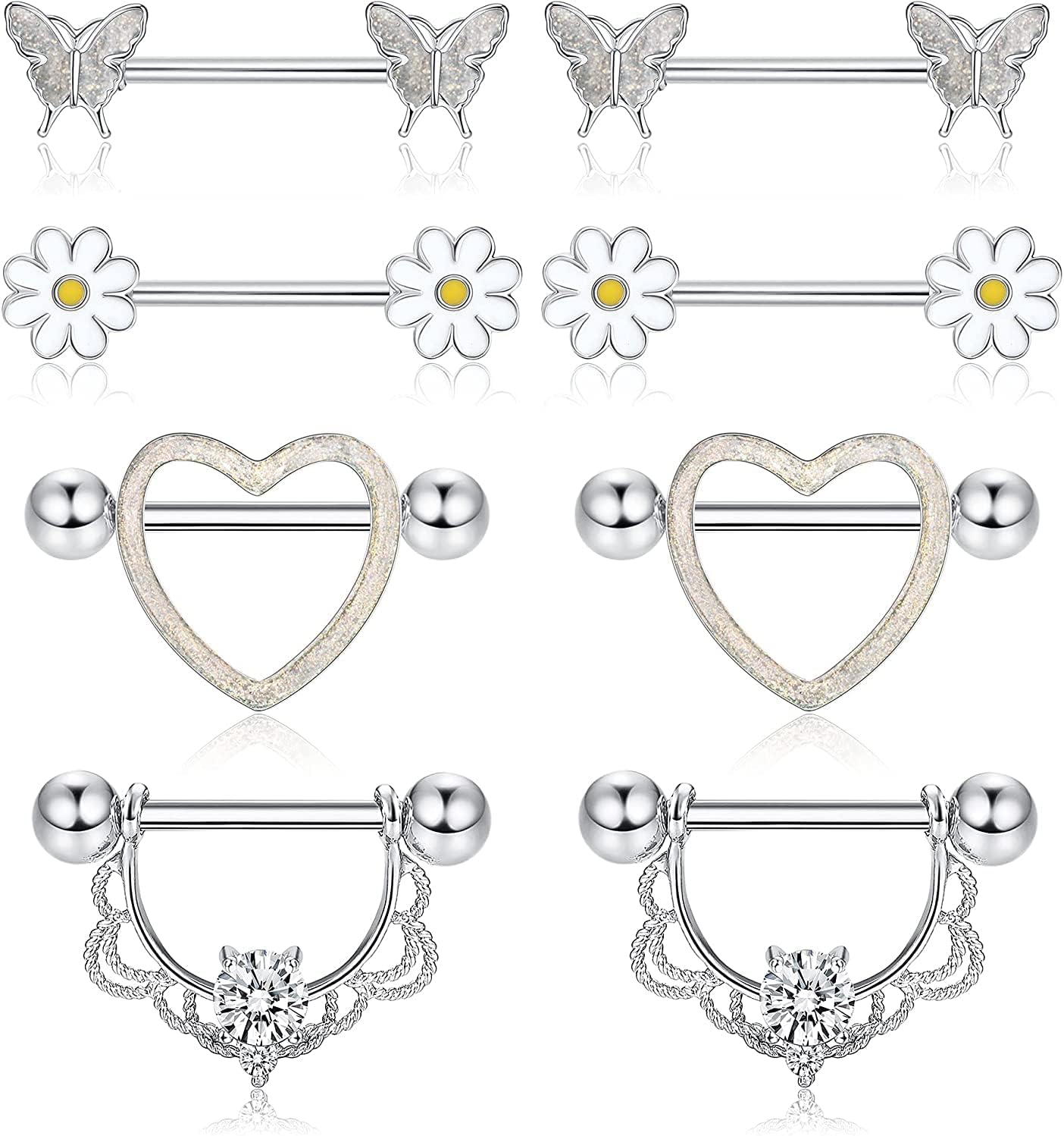 LOLIAS4 Pairs 14G Nipple Rings for Women 316L Stainless Steel Heart CZ Flower Butterfly Barbell Nipplering Set Cute Nipple Body Piercing Jewelry