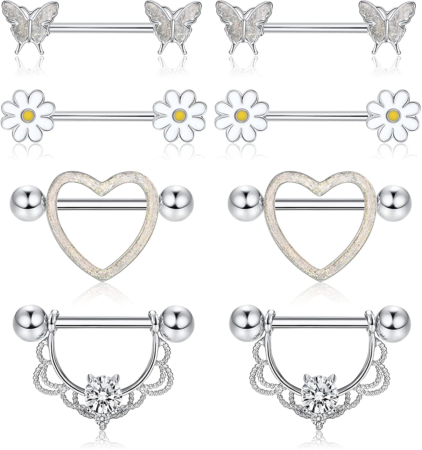 LOLIAS4 Pairs 14G Nipple Rings for Women 316L Stainless Steel Heart CZ Flower Butterfly Barbell Nipplering Set Cute Nipple Body Piercing Jewelry