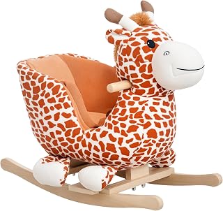 Qaba Kids Plush Giraffe Rocking Horse Toy with Lullaby Sounds, Safe Ride-On for Toddlers 18-36 Months, Brown