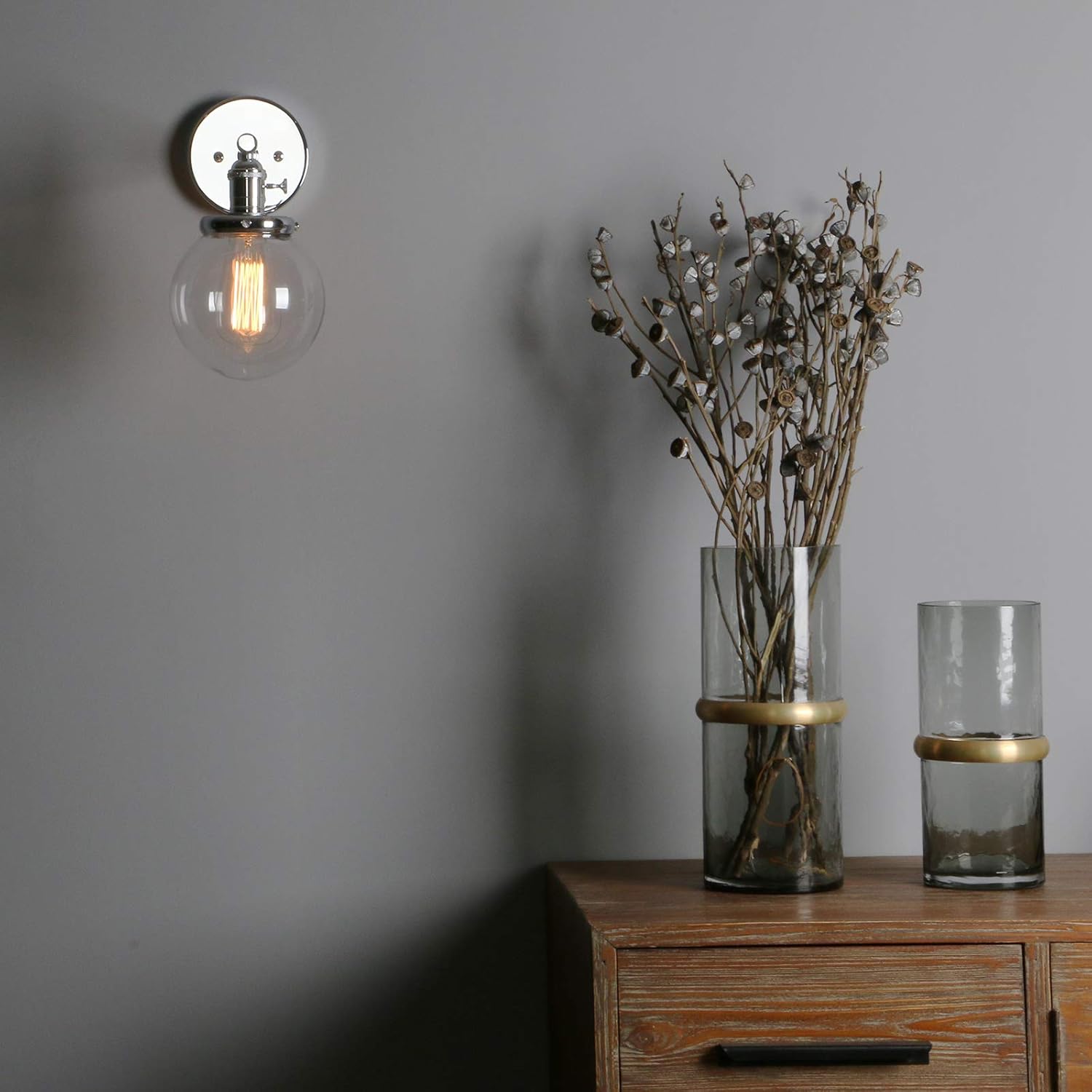 Phansthy Industrial Wall Light Globe Wall Sconce with 5.9 Inch Clear Glass Canopy (Chrome)