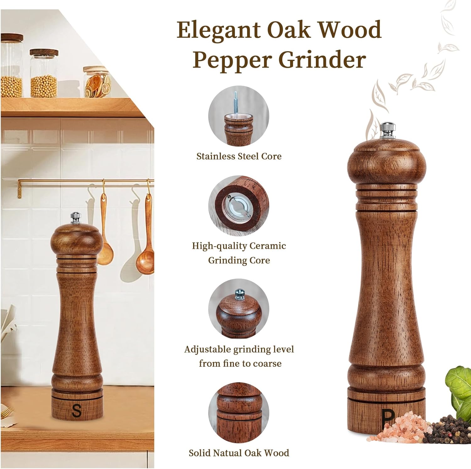 Haomacro Wooden Salt and Pepper Grinder Set Refillable Salt & Pepper Mills Adjust for Coarseness, Crafted of Solid Oak Wood with Ceramic Stainless Steel Core, 8 Inches - 2 Packs