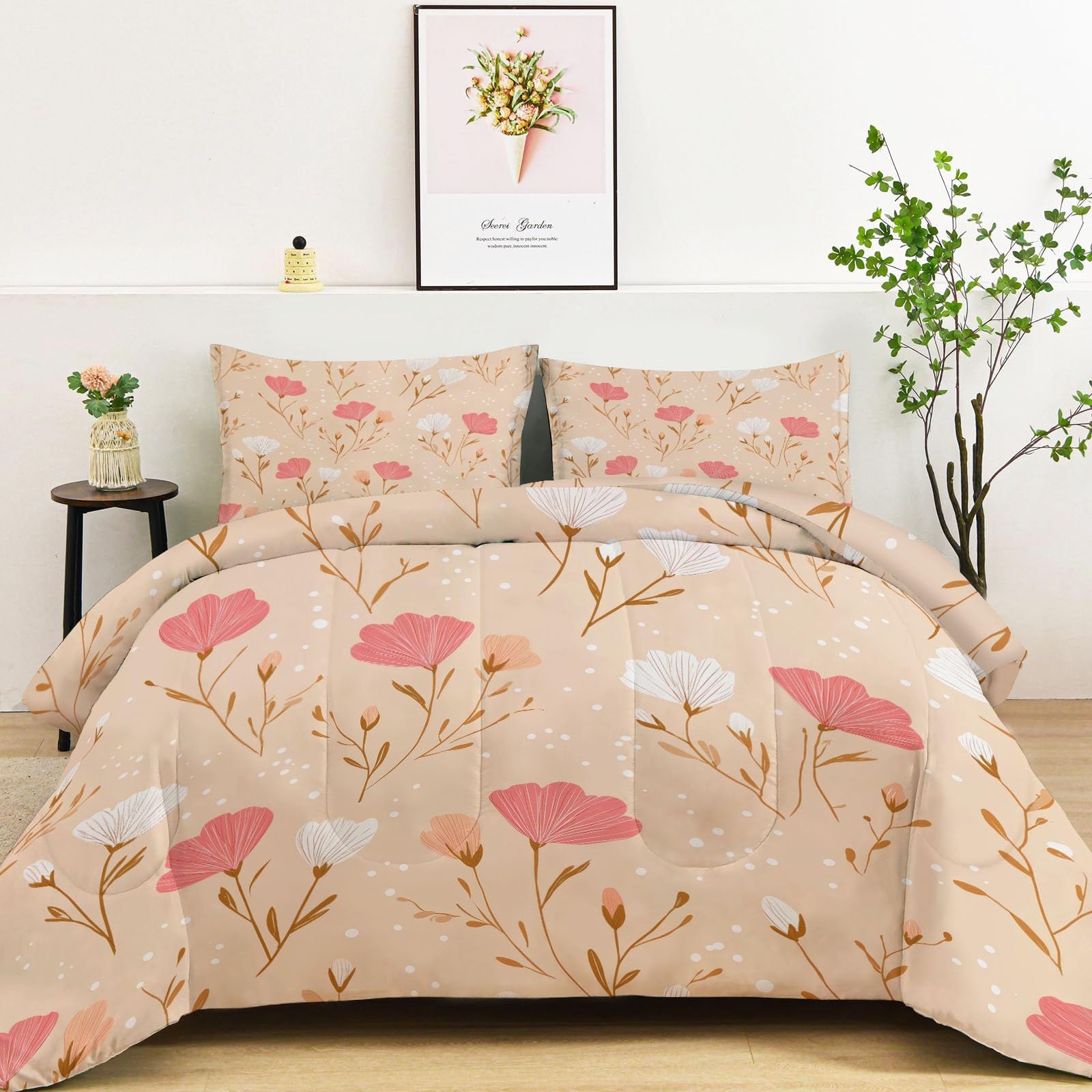 CozyRest Edredon Relleno nordico Cama Infantil Algodón - Floral Acuarela Cama 105 - Bebe rellena Juego de Manta 200x200 cm con Almohada 50 x 75 cm por niños e niñas